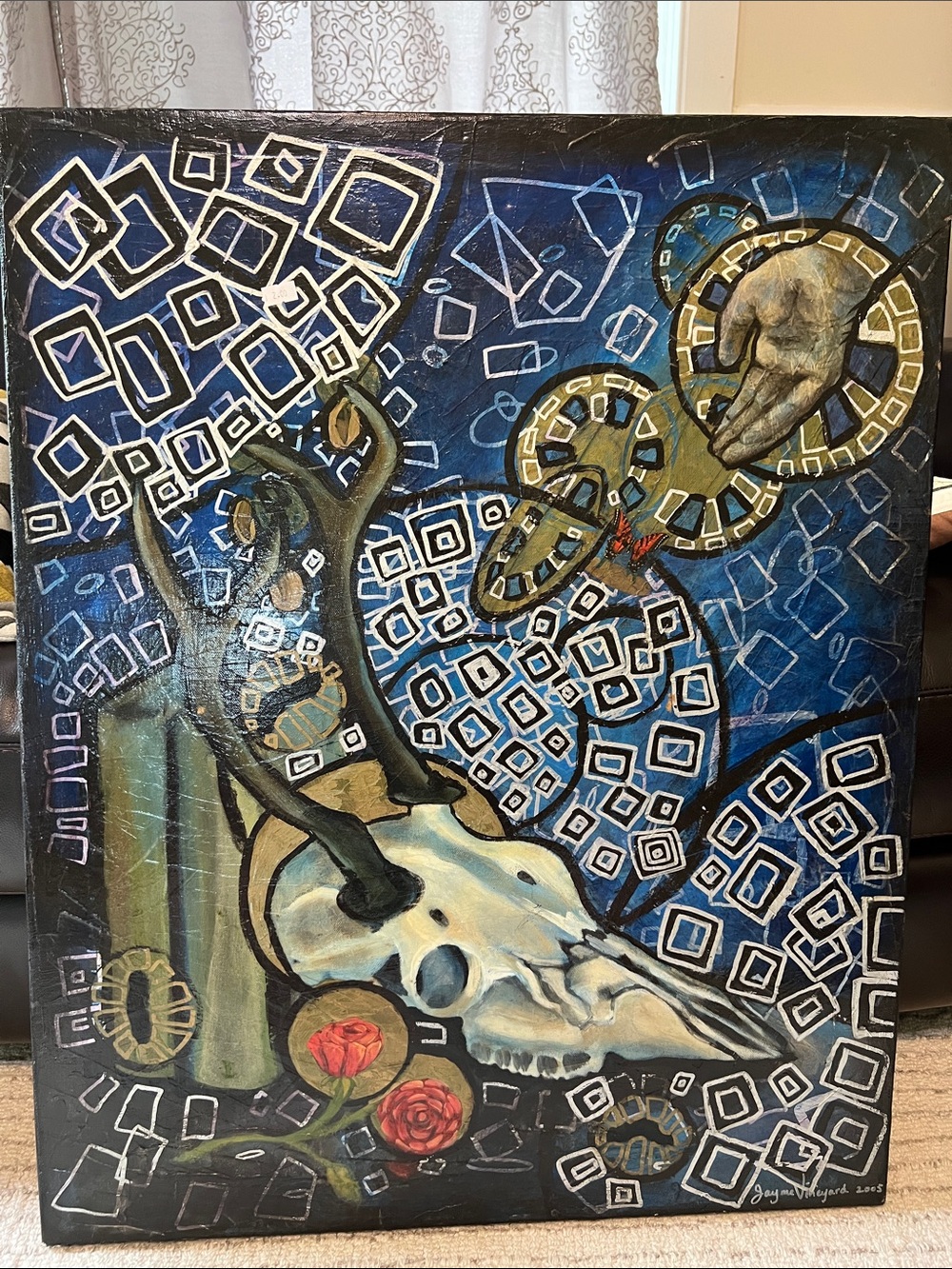 Abstract Blue Skull and Geometric Home Art Painting
